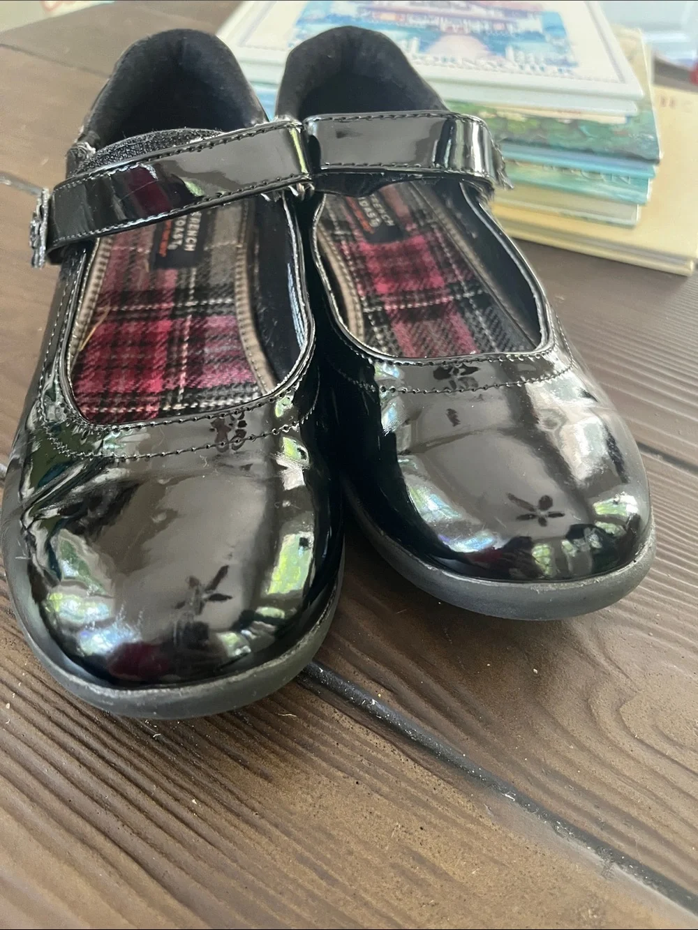 French Toast Black Patent Mary Janes with Plaid Insole